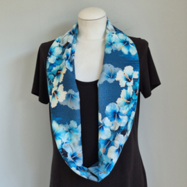 Viscose-Linnen cirkelsjaal (blauw| Tropical flowers)