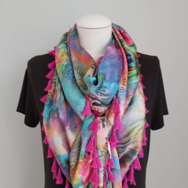 Satijnen 3-hoek sjaal met kwastjes ( multicolor | pauwen ogen, bloemen)