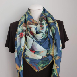 Polyester 3-hoek sjaal met band (petrol | bloemen)