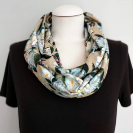 Tricot colsjaal  (ecru, beige | bloemen, vogels)