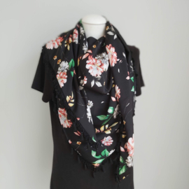 Polyester 3-hoek sjaal met kwastjes (zwart | bloemen)