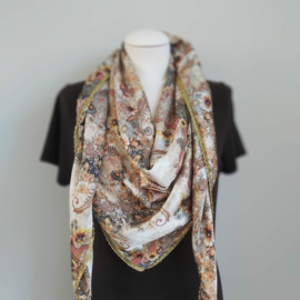 Satijnen 3-hoek sjaal met band ( beige | paisley, bloemen)