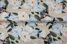 Tricot colsjaal  (ecru, beige | bloemen, vogels)