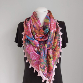 Satijnen 3-hoek sjaal met kwastjes (roze | pauw)