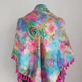 Satijnen 3-hoek sjaal met kwastjes ( multicolor | pauwen ogen, bloemen)