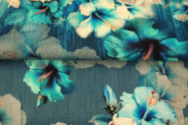 Viscose-Linnen cirkelsjaal (blauw| Tropical flowers)