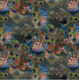 Tricot colsjaal  (blauw, groen | veren, zigzag)