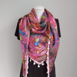 Satijnen 3-hoek sjaal met kwastjes (roze | pauw)
