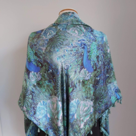 Satijnen 3-hoek sjaal met kwastjes (blauw | pauw)