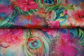 Satijnen 3-hoek sjaal met kwastjes ( multicolor | pauwen ogen, bloemen)
