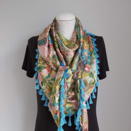 Satijnen 3-hoek sjaal met kwastjes (roze, turquoise | paisley, bloemen)