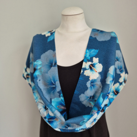 Viscose-Linnen cirkelsjaal (blauw| Tropical flowers)