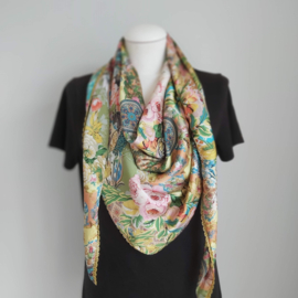 Satijnen 3-hoek sjaal met band (roze, turquoise | paisley, bloemen)