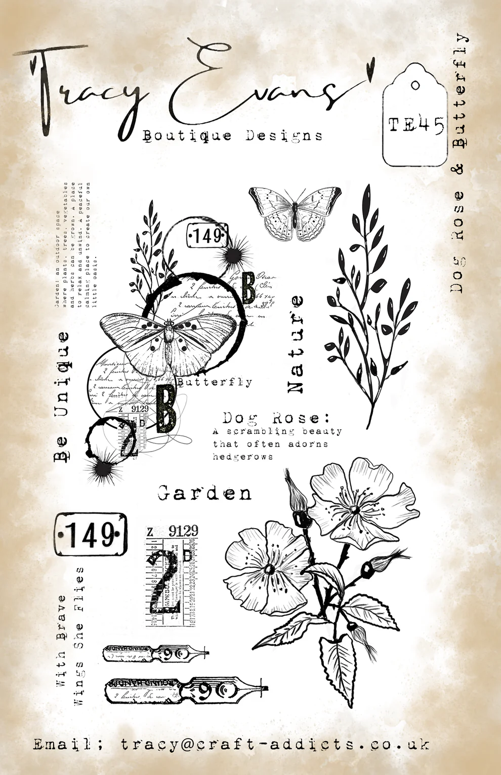TE045 - Dog Rose & Butterfly (A5 Stamp)