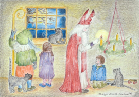 Ansichtkaart Sint Nicolaas steekt de eerste Adventskaars aan - Eentje van Margot
