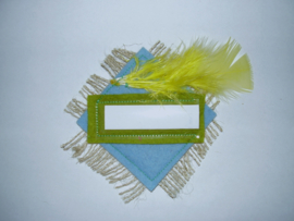 Naambadge, jute en veer, sinterklaas