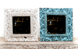 Handgesneden spiegeltjes wit, turquoise en zacht grijs 24x24cm