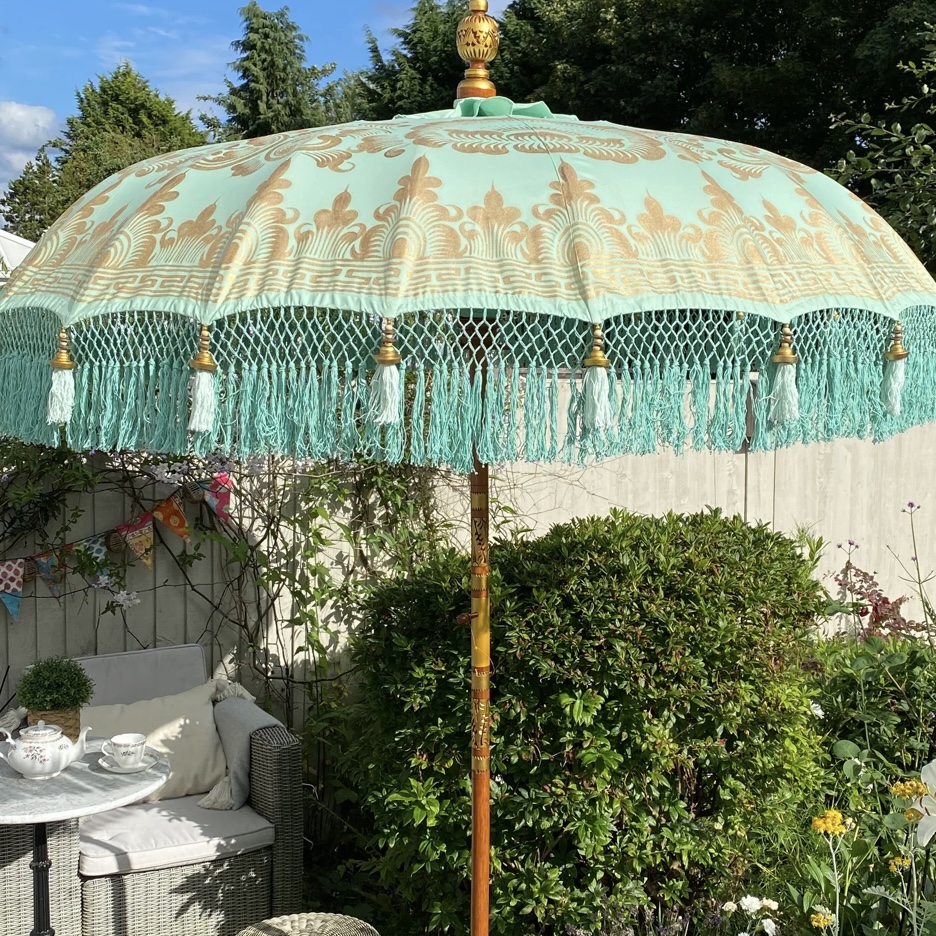 Ibiza Parasol 2 meter turquoise/goud boho (steel in 2 delen)