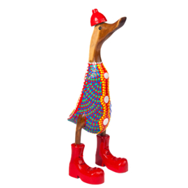 Houten eend kleurrijk rood/blauw