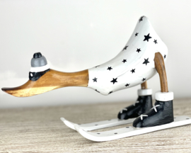 Houten ski-eend wit met zwarte sterren