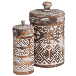 Houten pot Borneo met deksel maat medium, burned/wit