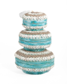 Offermand plat rond kraaltjes/schelpjes turquoise/creme