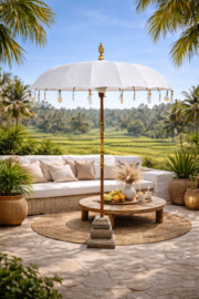 Ibiza Parasol 2 meter wit met kwastjes en parelmoer (steel in 2 delen)