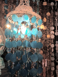 XL Capiz schelpen hanglamp/windgong met spiegeltje 100x35 cm turqouise
