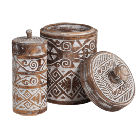 Houten pot Borneo met deksel maat medium, burned/wit