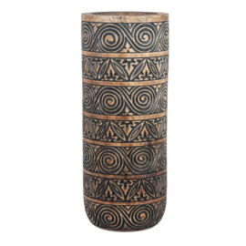 Houten vaas handgesneden Timor motief natural wood/zwart