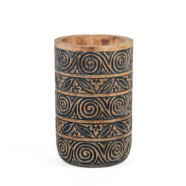 Houten vaas handgesneden Timor motief natural wood/zwart