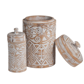 Houten pot Borneo met deksel maat medium, naturel/wit