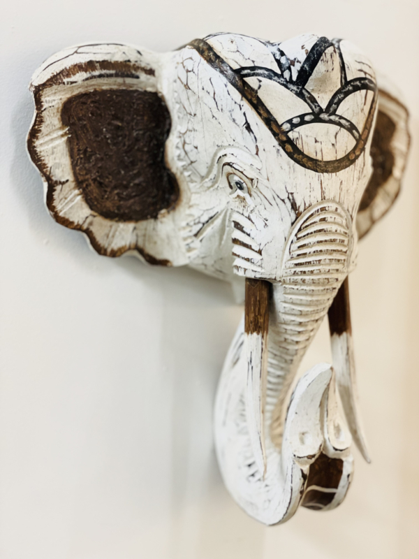 Houten handgesneden olifantenkop old-white medium