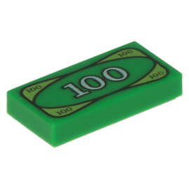 3069bpx7 Green Tile 1 x 2 with Groove with 100 Dollar Bill Money Pattern
