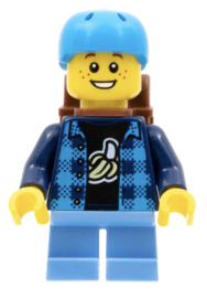cty1332 Skateboarder - Boy, Banana Shirt, Dark Azure Helmet, Backpack, Medium Blue Short Legs