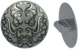 75902pb16 Flat Silver Minifigure, Shield Round with Rounded Front with Black and Silver Ninjago Dragon Head Pattern