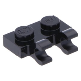 60470b Black Plate, Modified 1 x 2 with Clips Horizontal (thick open O clips)