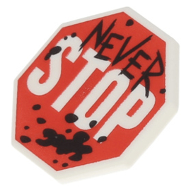 bb0883pb01 White Minifigure, Shield Octagonal with Black Graffiti 'NEVER' and Paint Splatter and White 'STOP' on Red Stop Sign Background Pattern