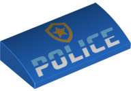 88930pb116 Blue Slope, Curved 2 x 4 x 2/3 with Bottom Tubes with 'POLICE' and Gold Badge Logo Pattern