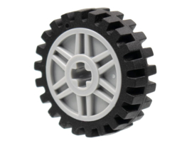 56903c01 Light Bluish Gray Wheel 18mm D. x 8mm with Fake Bolts and Shallow Spokes and Axle Hole with Black Tire 24mm D. x 7mm Offset Tread - Band Around Center of Tread (56903 / 61254)