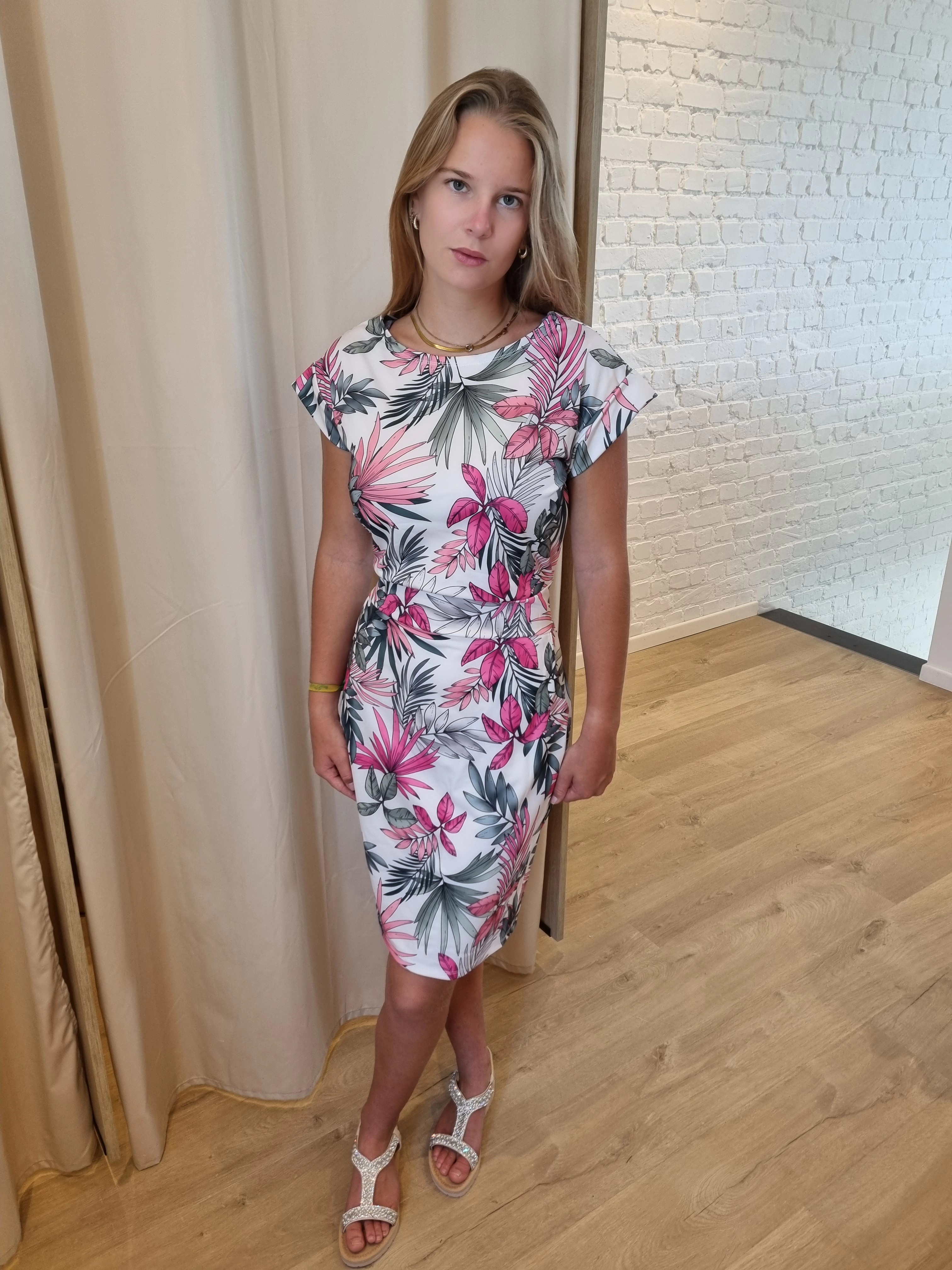 travel stof jurk met tropische print wit/roze
