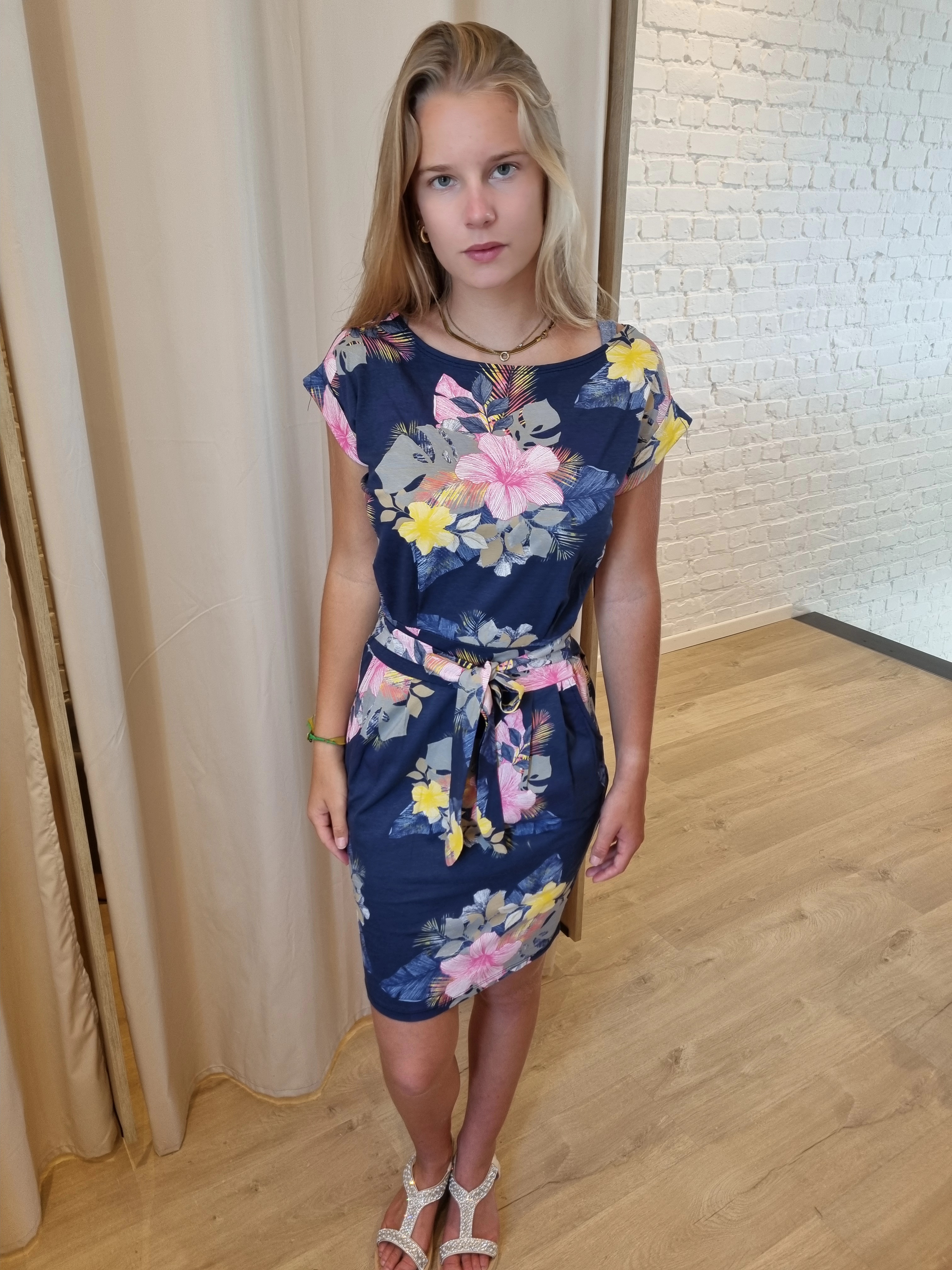 jurk met striklint en bloemenprint roze/blauw/donkerblauw