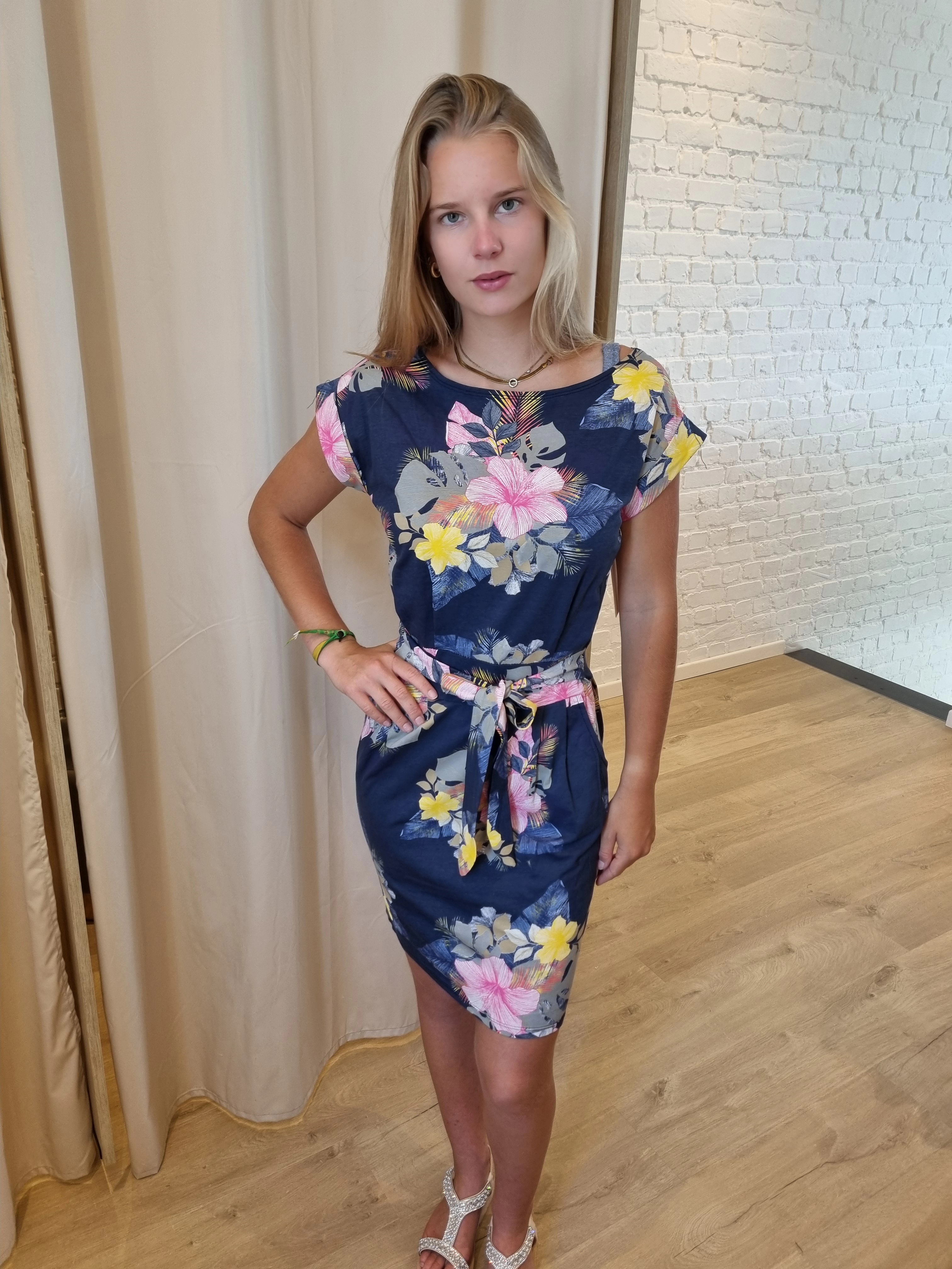 jurk met striklint en bloemenprint roze/blauw/donkerblauw