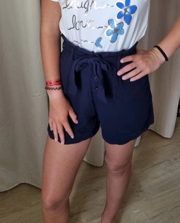 katoenen short met bindlintje donkerblauw