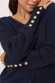 trui met V-hals en gouden knopen marineblauw