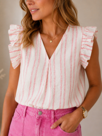 bloesje met volantmouwtjes, lurex en streepjesmotief roze