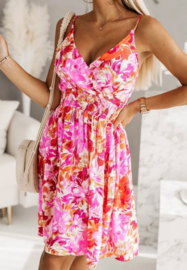 viscose jurk met roze/oranje print