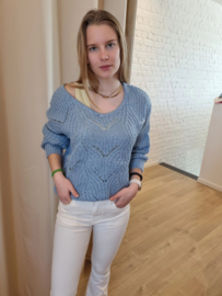 lichtblauwe trui met motief en lurex