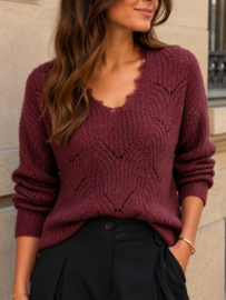 JDYBADUT L/S V-NECK STRUC GLITT PULL KNT windsor wine - ajour trui met V-hals dames
