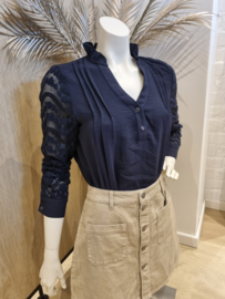 blouse met kanten mouwen marineblauw